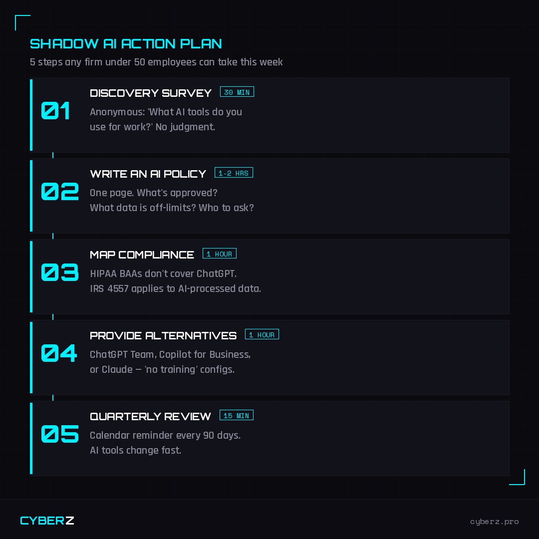 Shadow AI Action Plan — 5 steps with time estimates, from discovery survey to quarterly review
