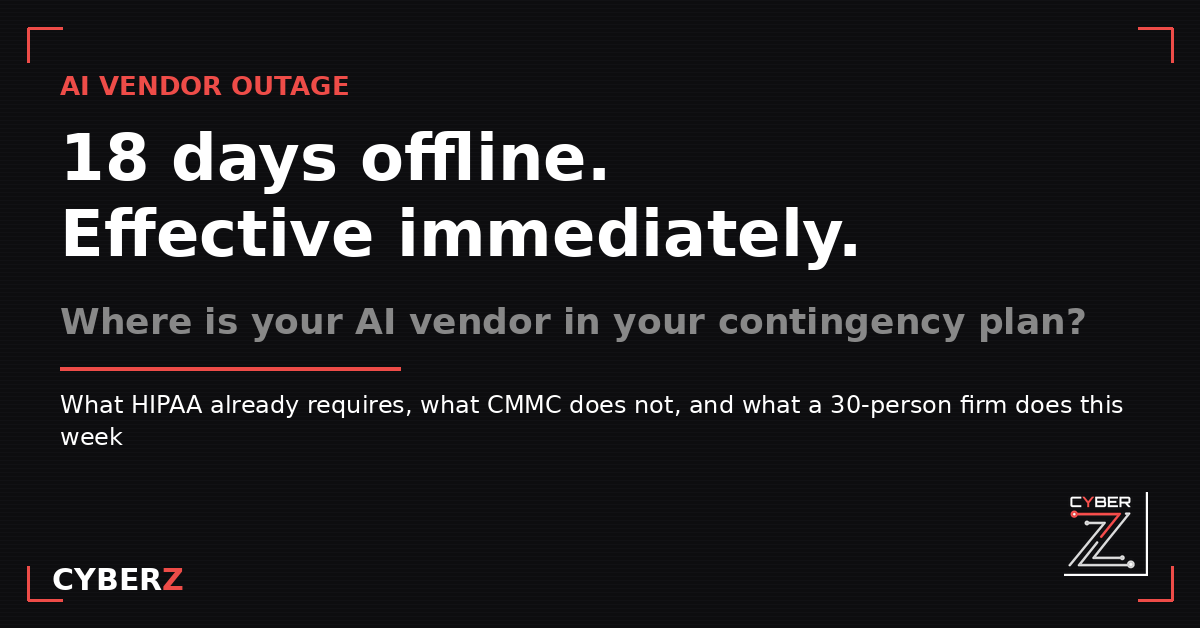AI Vendor Outage Business Continuity: What HIPAA Already Requires, What CMMC Does Not, and What a 30-Person Firm Does This Week