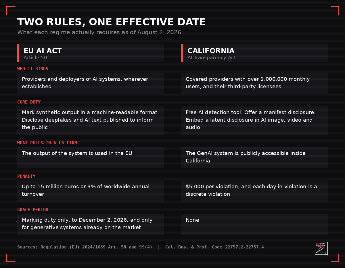 Side-by-side comparison of EU AI Act Article 50 and the California AI Transparency Act as of August 2, 2026, covering who each rule binds, the core duty, what pulls in a US firm, penalties, and grace periods.