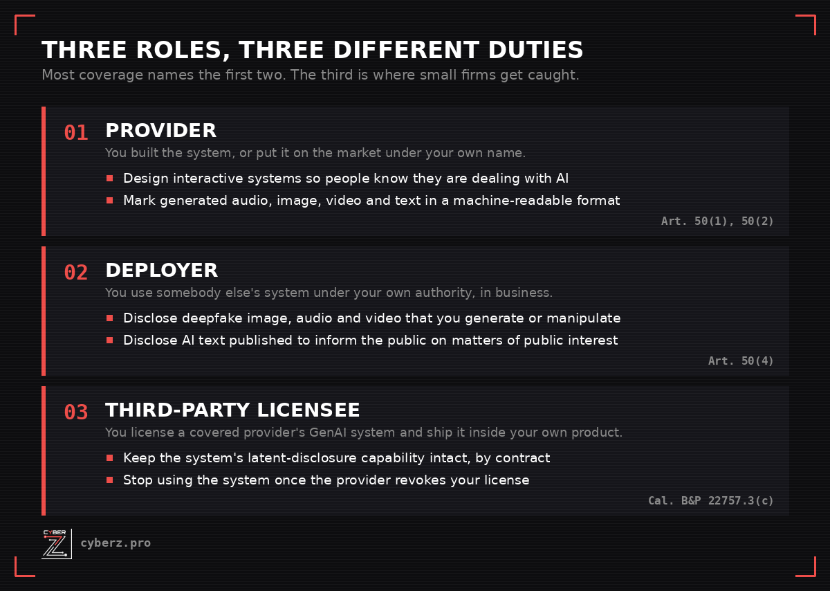 Three roles under the August 2, 2026 AI content labeling rules: provider, deployer, and third-party licensee, with the specific duty attached to each and the governing citation.