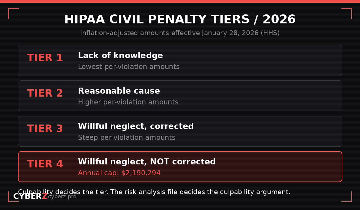HIPAA civil penalty tiers for 2026, with the top-tier annual cap of $2,190,294