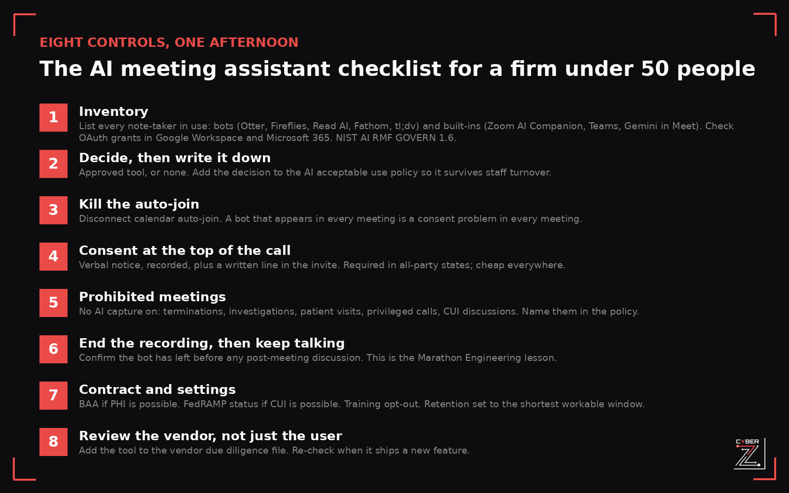 Eight-item AI meeting assistant checklist for a firm under 50 people: inventory, decide and document, kill auto-join, consent at the top of the call, prohibited meetings, end recording before continuing, contract and settings, review the vendor