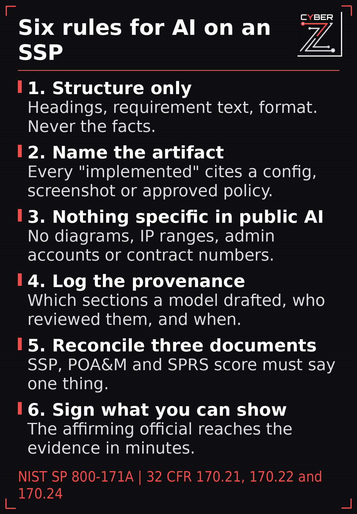 Six rules for using AI on a CMMC SSP without creating a false statement: structure only, named artifacts, no specifics in public tools, provenance log, three-document reconciliation, and an affirming official who can reach the evidence