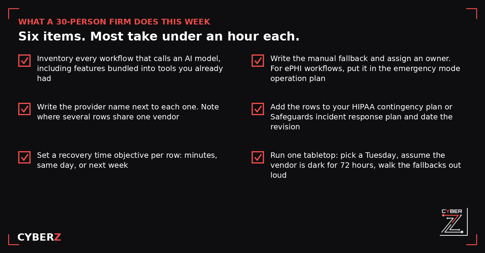 Six-item checklist for a small firm to add AI vendor outage planning to its HIPAA contingency plan or Safeguards incident response plan this week