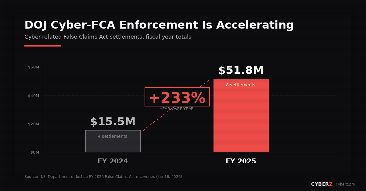 Bar chart comparing DOJ cyber-related False Claims Act settlements. FY 2024: $15.5 million across 4 settlements. FY 2025: $51.8 million across 8 settlements. 
       The year-over-year increase is 233%. Source: U.S. Department of Justice FY 2025 False Claims Act recoveries, announced January 16, 2026.